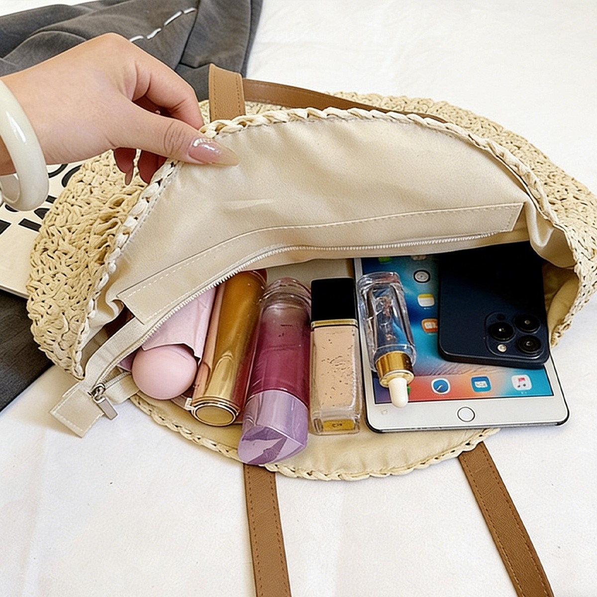 2 Styles Large Round Straw Tote Bag, Fashion Paper Woven Beach Bag