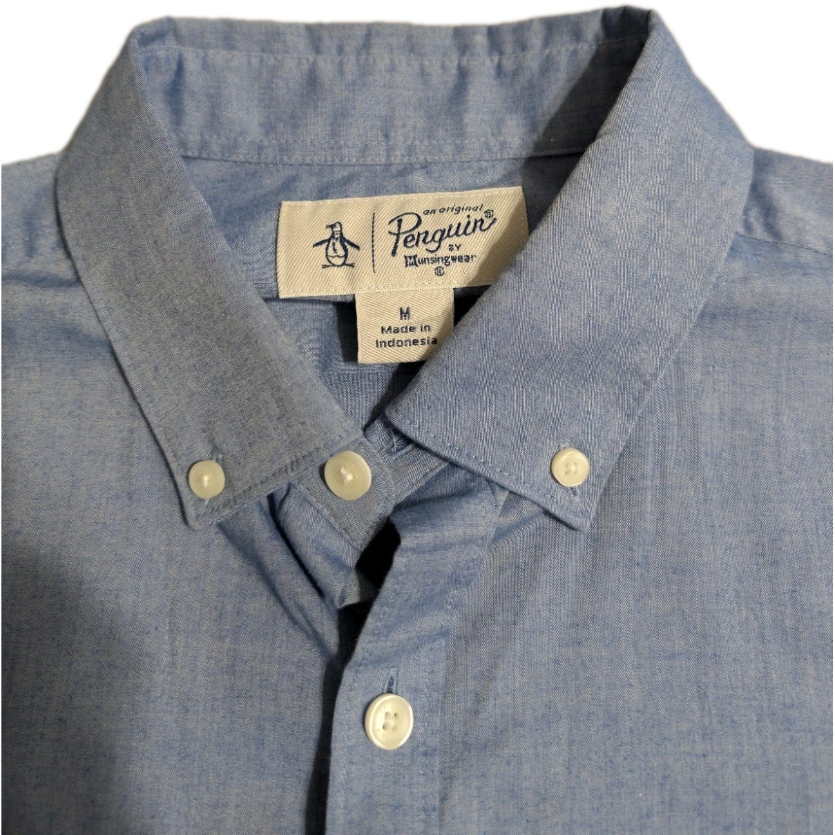 Original Penguin Button Front Shirt Men’s M Blue Striped Short Sleeve Stretch