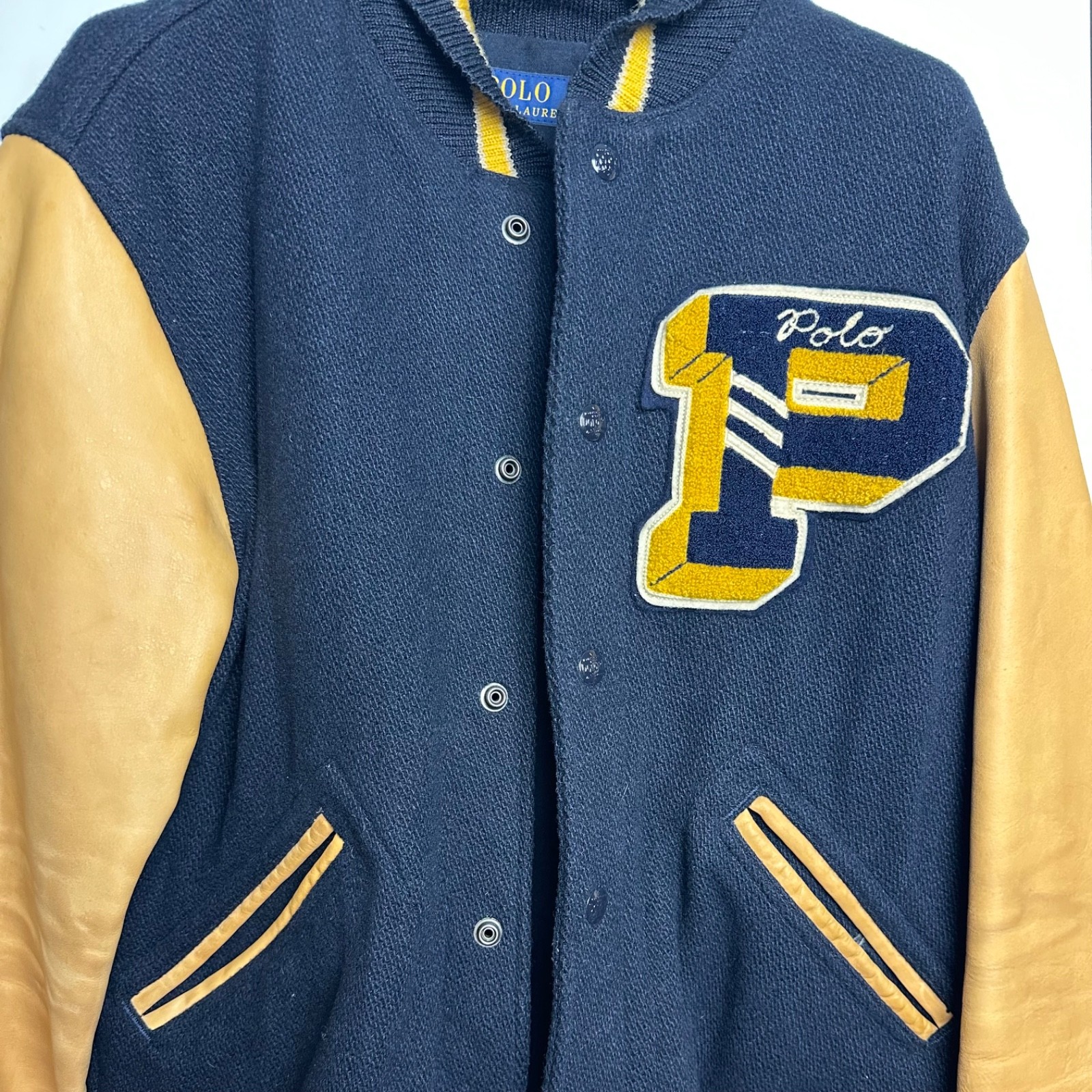 Ralph Lauren Polo Navy Blue Varsity Letterman Wool Jacket Leather Sleeve Mens M
