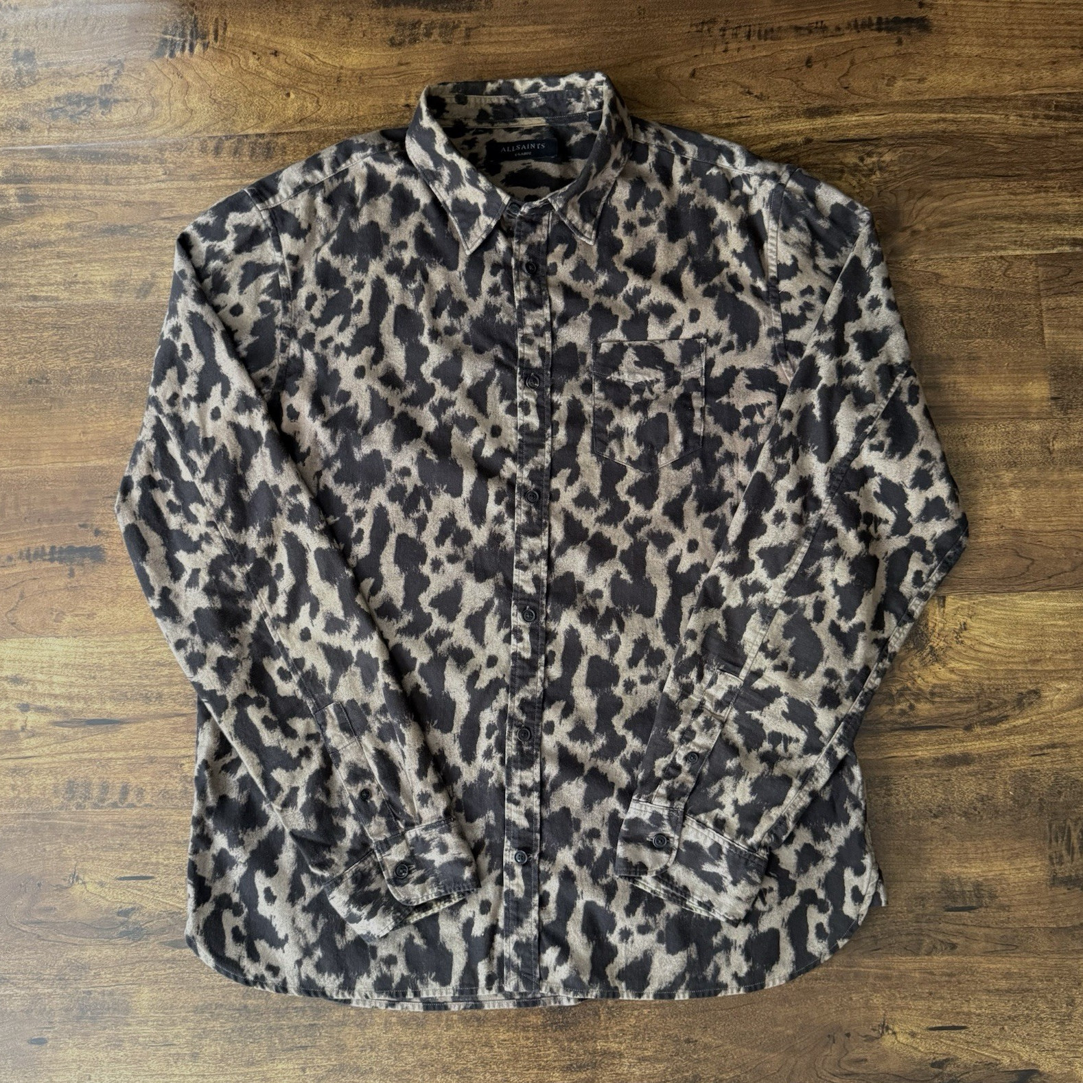 ALLSAINTS Men’s XL Regular Woven Cotton Brown Black Leopard Button-Up Shirt