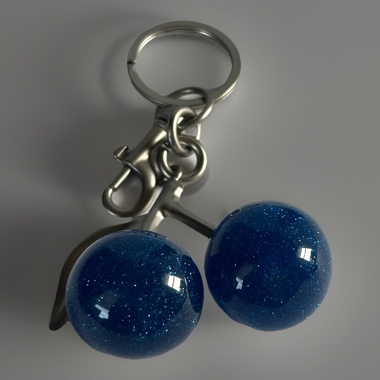 Glitter Blue Cherry Bag Charm Keychain – SILVER Hardware + Velvet Dustbag