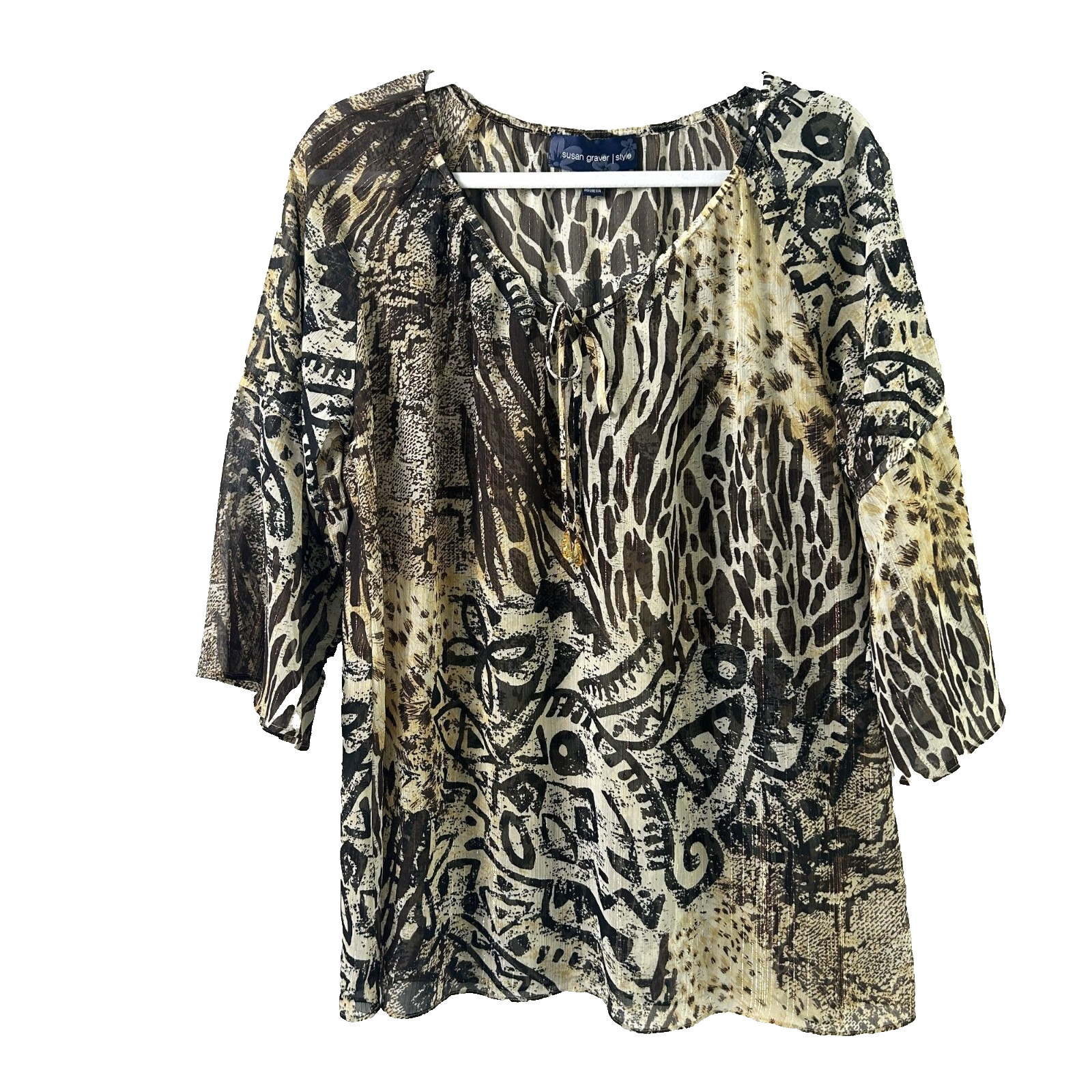 Susan Graver Tunic Top Womens Size M Brown Tan Chiffon Animal Print Metallic