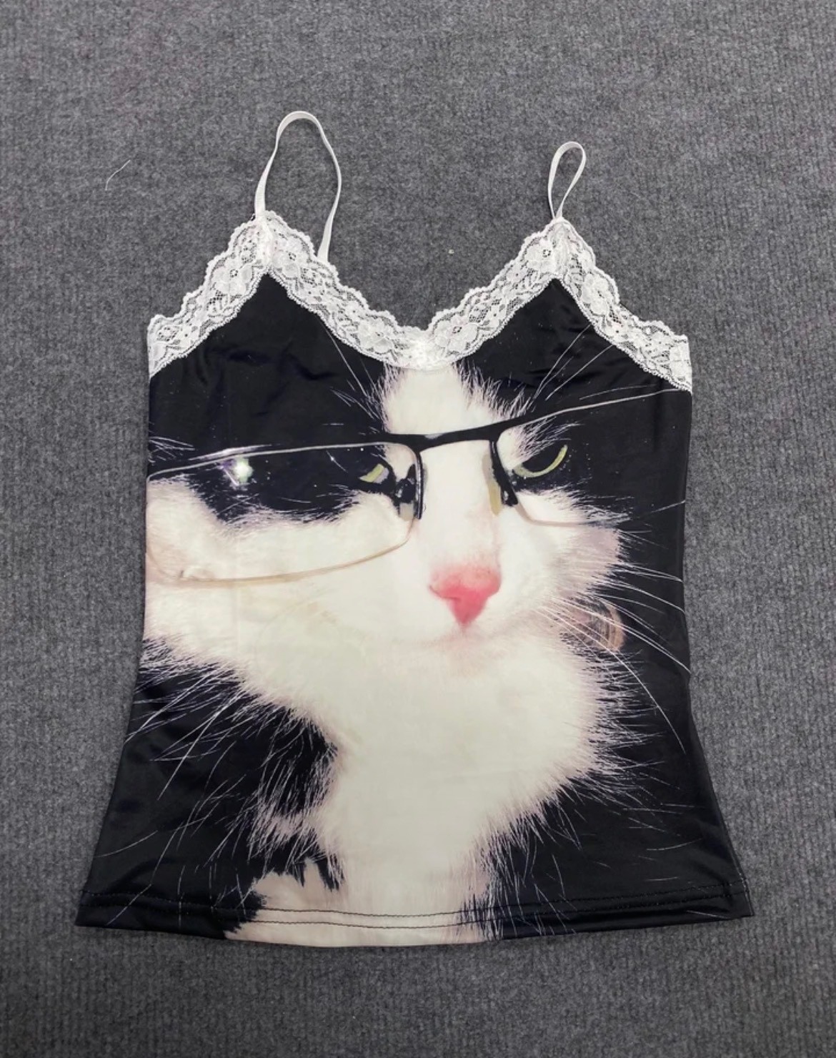 Funny Cat with Glasses Lace Trim Cami Top Y2K Aesthetic Grunge Tank Top Cute