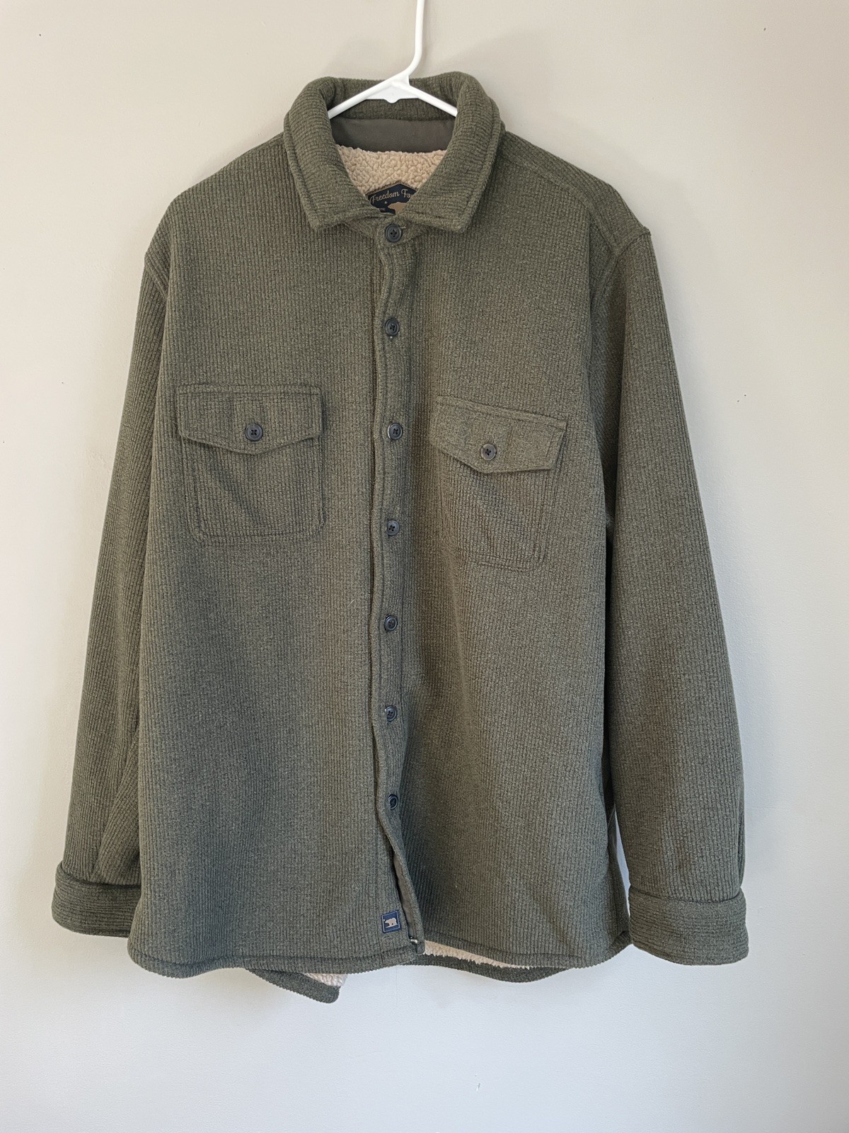 Freedom Foundry Mens Dark Green Fleece Lined Jacket Shacket Button Up Size Large