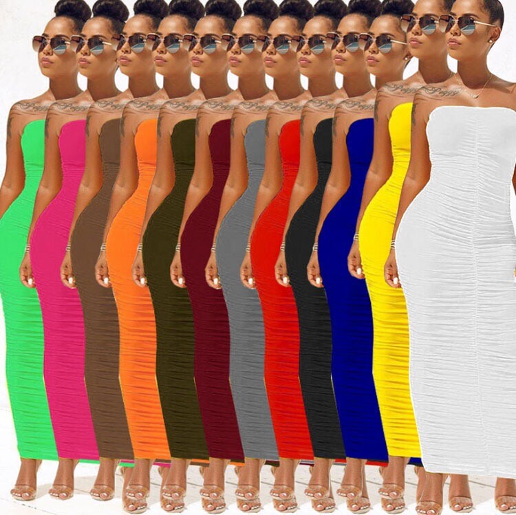 Women’s Sexy Ruched Tight Strapless Sleeveless Bodycon Tube Maxi Long Club Dress