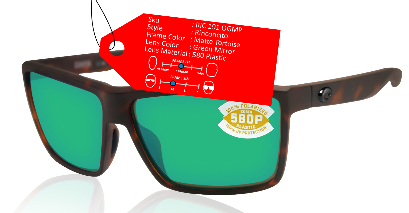 Costa Del Mar Rinconcito Matte Tortoise Green Mirror 580 Plastic Polarized Lens