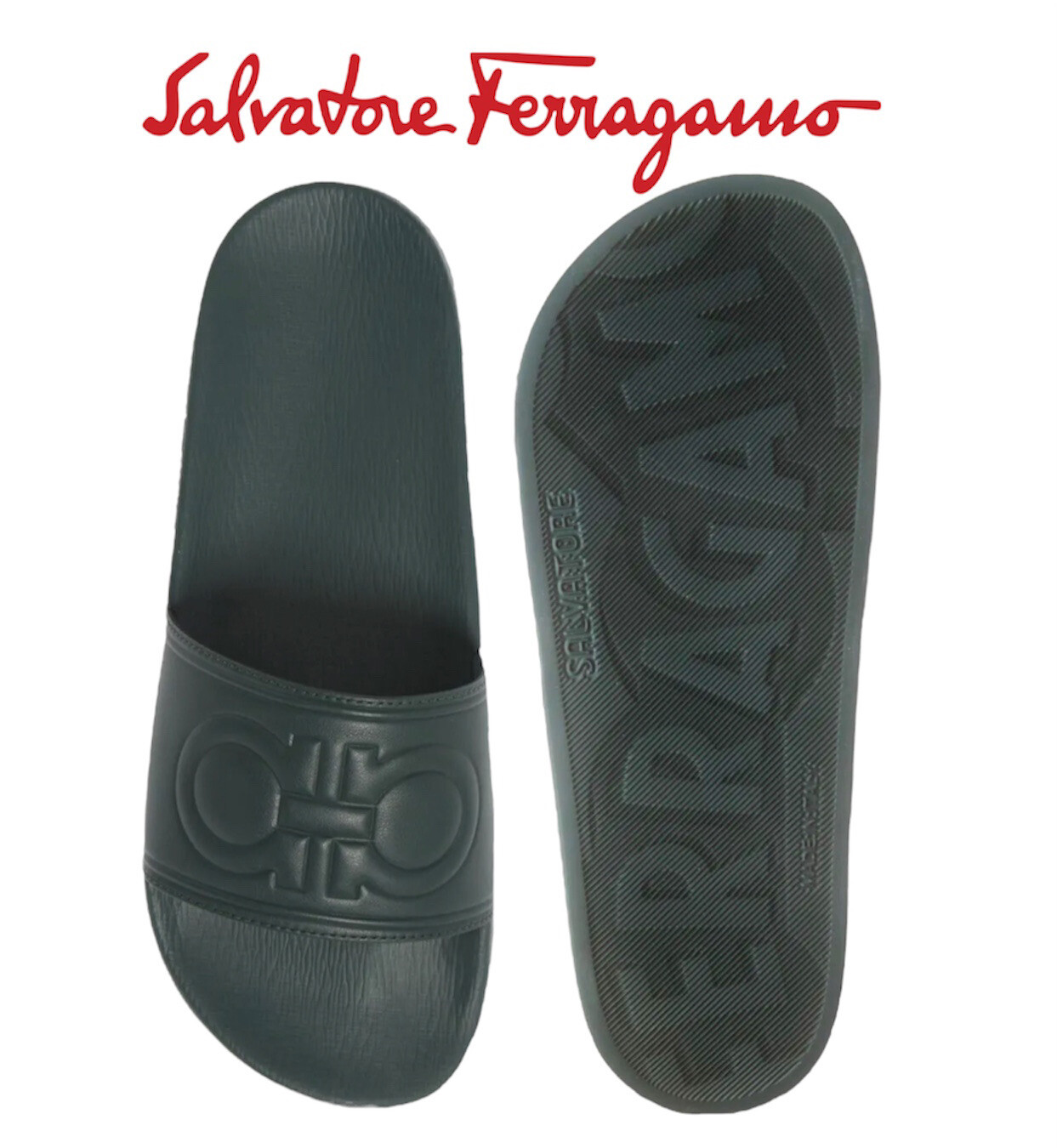 Salvatore Ferragamo Men’s Slides Groove 9 Sandals Green Size 10