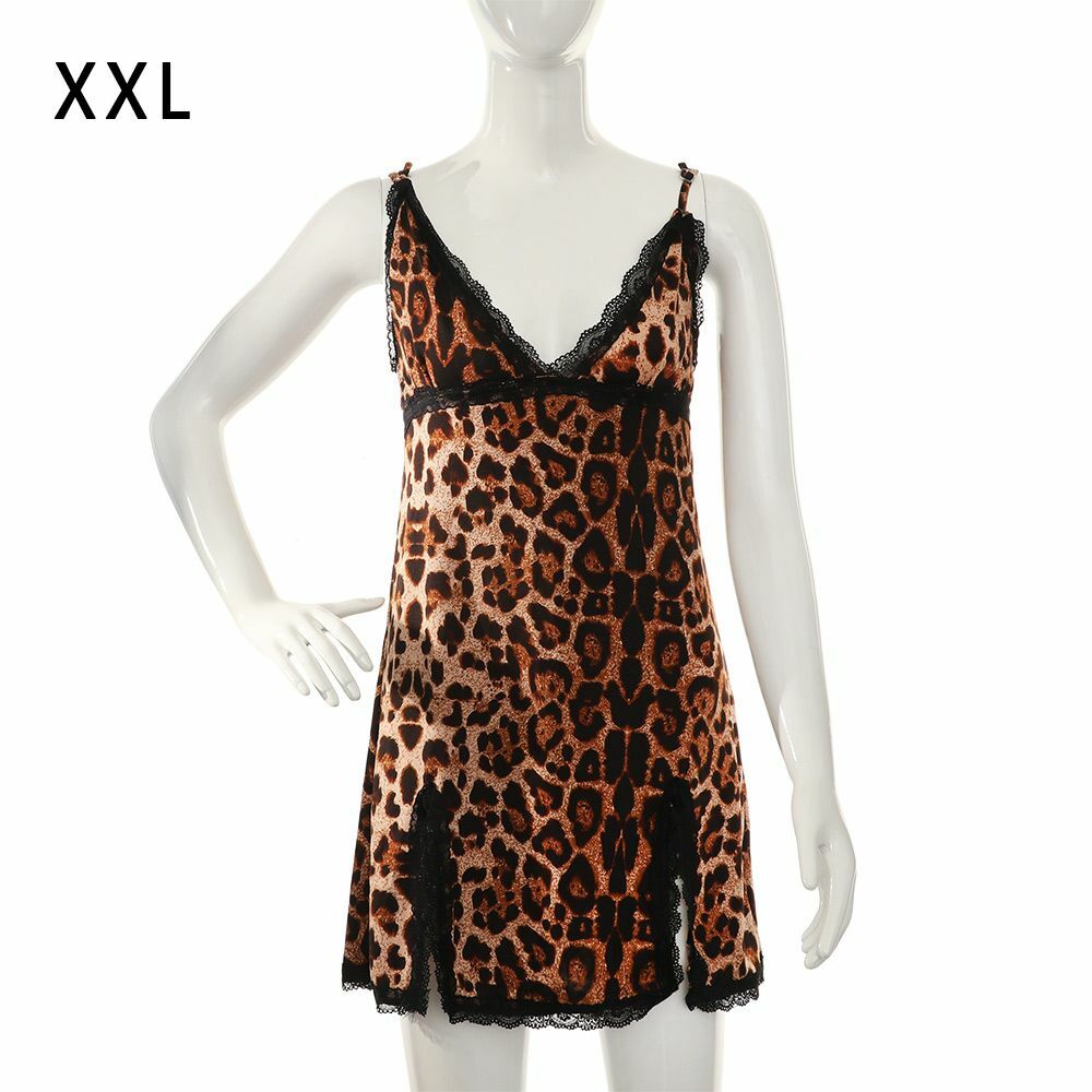 Women Leopard Print Lingerie Nightdress Slip Dress Sexy Lace Underwear Sleepwear