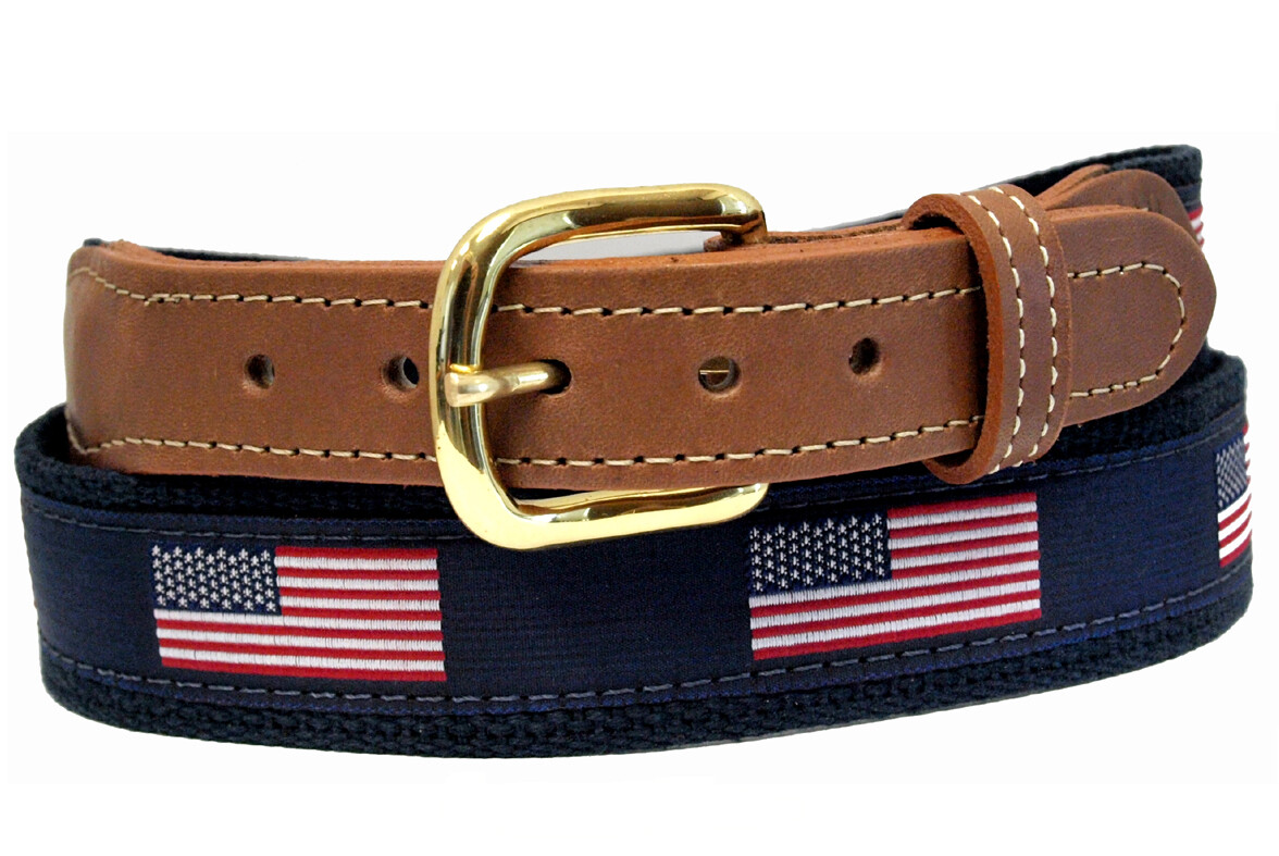 American Flag Belt on Navy Webbing, Leather Tips