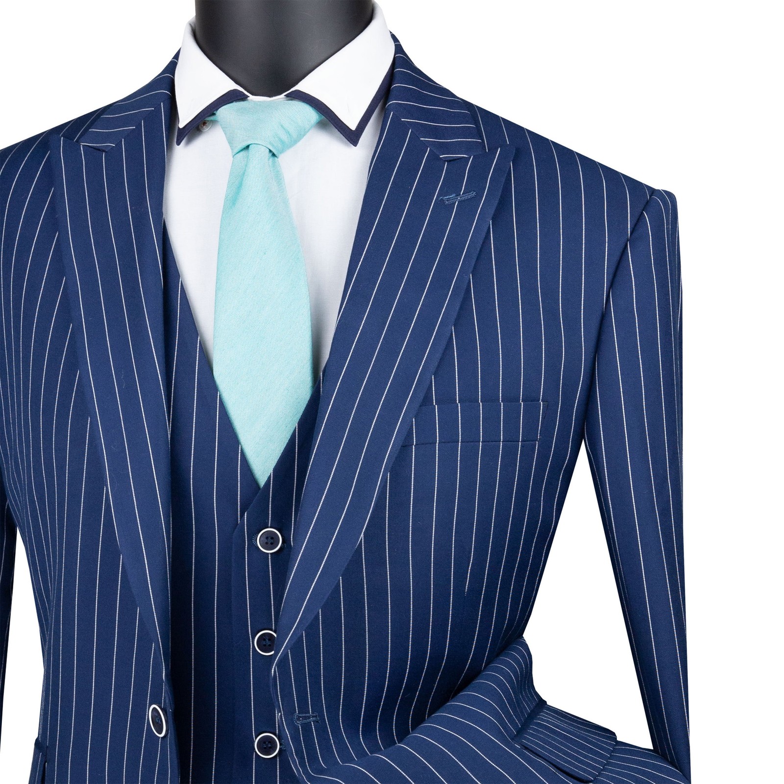 VINCI Men’s Blue Striped 3 Piece Regular Fit Suit w/ Flex Waist – NEW
