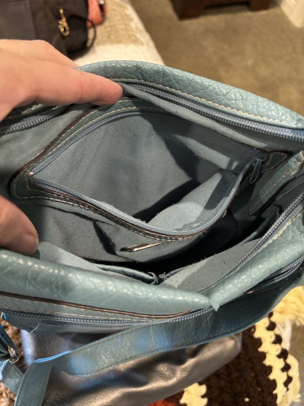 Lot of 2 Blue & Gray Rosetti Crossbody Bags, lighter blue w tear shown. AS IS