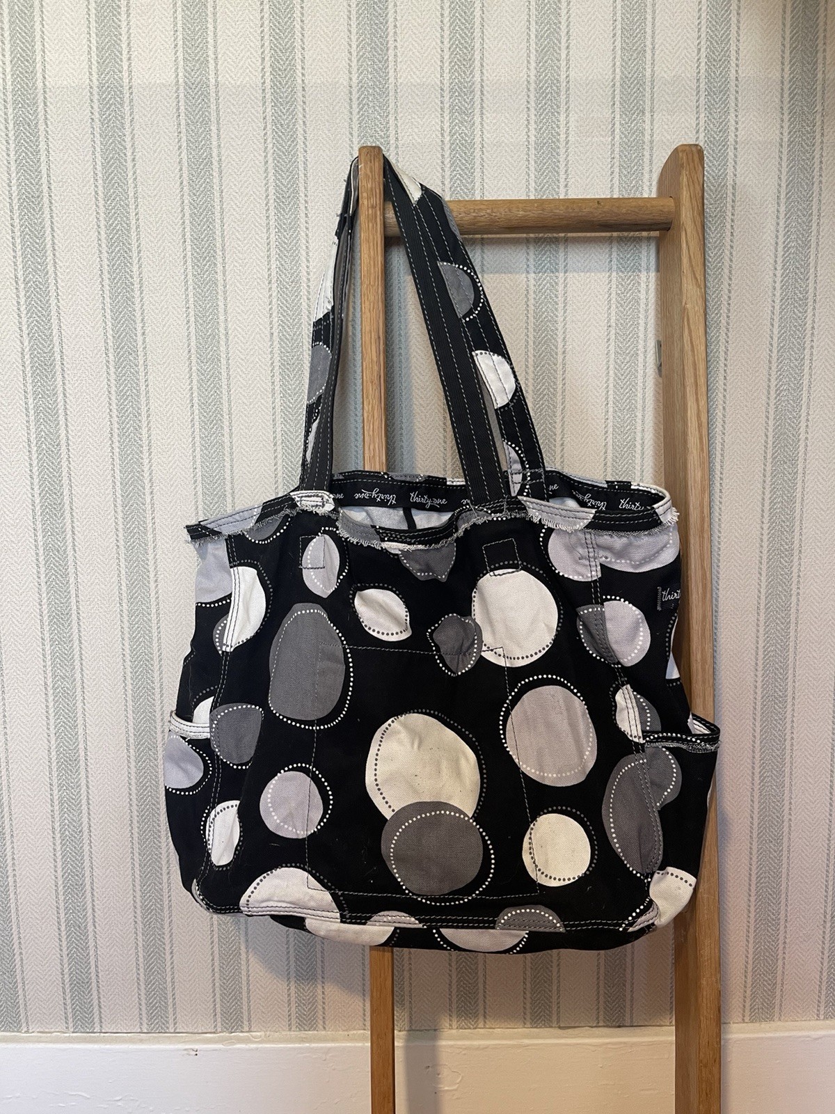 Thirty-One Large Black Gray White Polka Dot Tote Bag Key Clip Outer Pockets