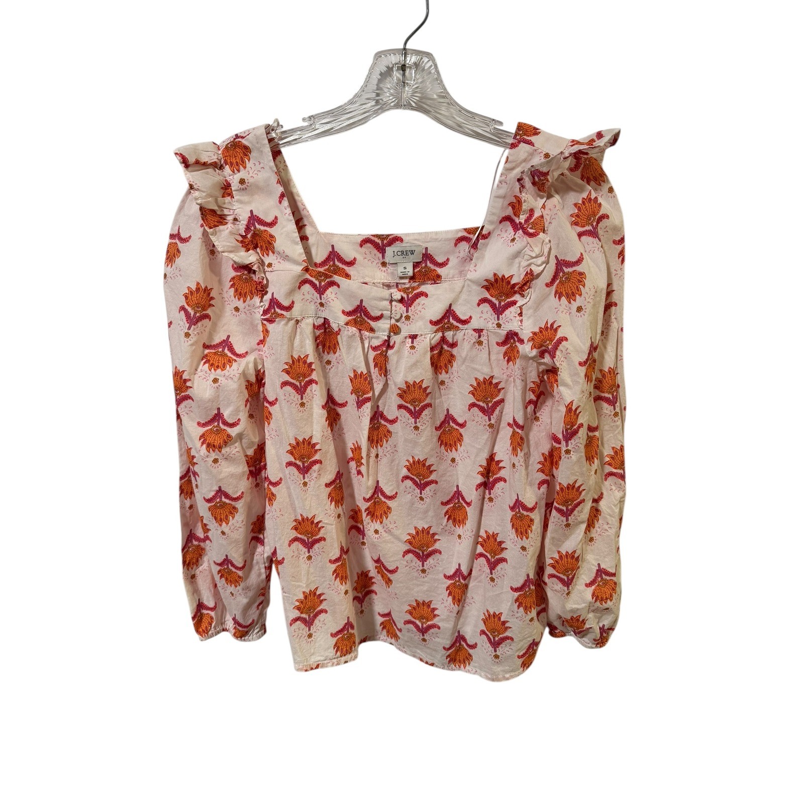 J. Crew Size Small Cotton Floral Print Ruffle Square Neck Blouse Top Cantaloupe