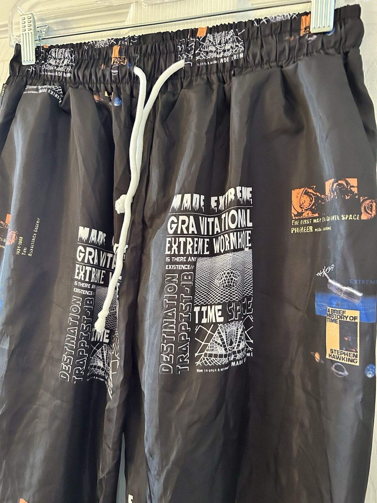 Stephen Hawking Joggers Sci-fi Extreme Wormhole Black Track Pants Windbreaker L