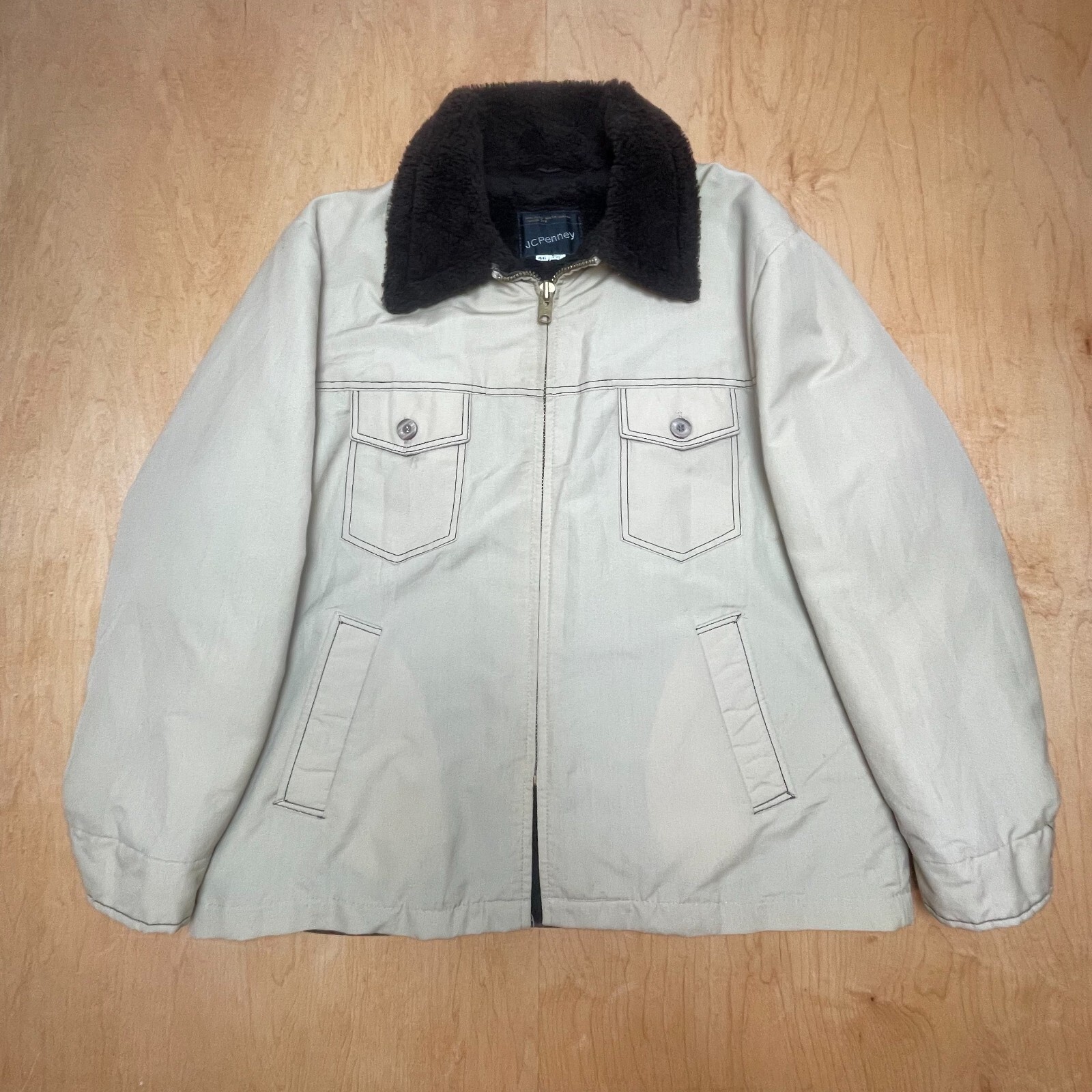 Vintage JC Penney Size 46 (2-3XL) Beige Long Sleeve Fleece Lined Full Zip Jacket