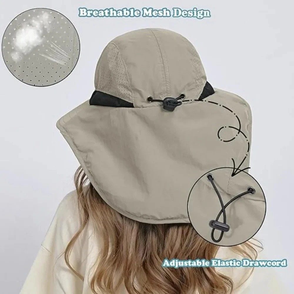 Wide Brim Sun Hat with Neck Flap UV Protection Hiking Fishing Cap for Men Women