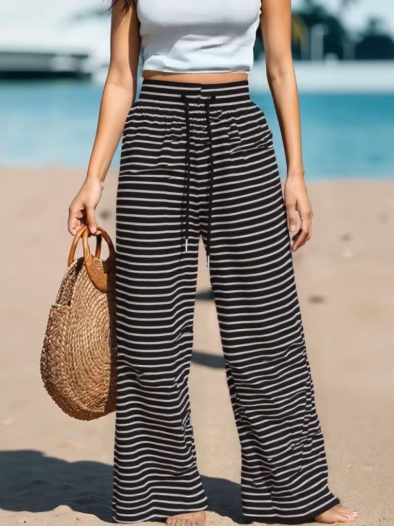 Black White Stripe Wide Leg Pants Elastic High Waist Drawstring Casual Trousers