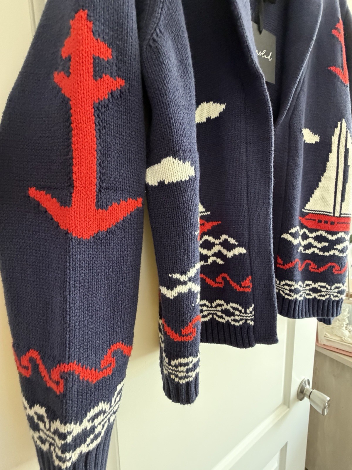 Marled Nautical Navy Knit Cardigan Sweater Shawl Collar Long Sleeve Size M