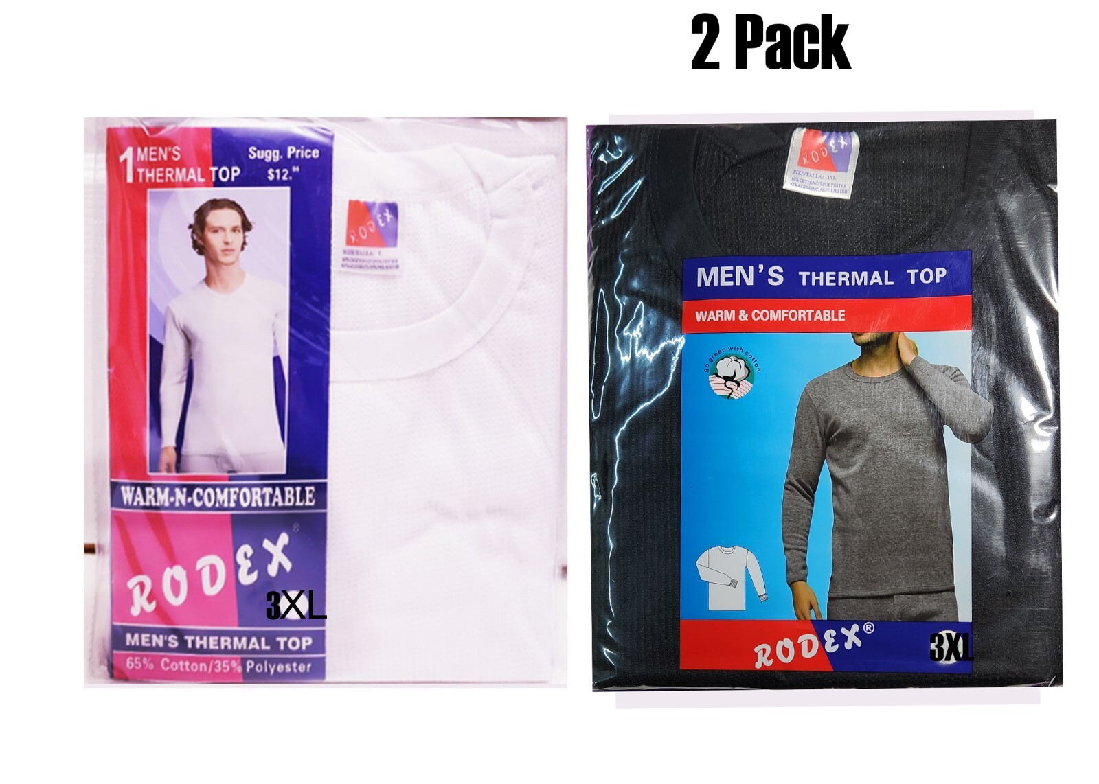 2- Pack RODEX Man’s Thermal Top Size 3XL White / Black 65% Cotton, 35%polyester