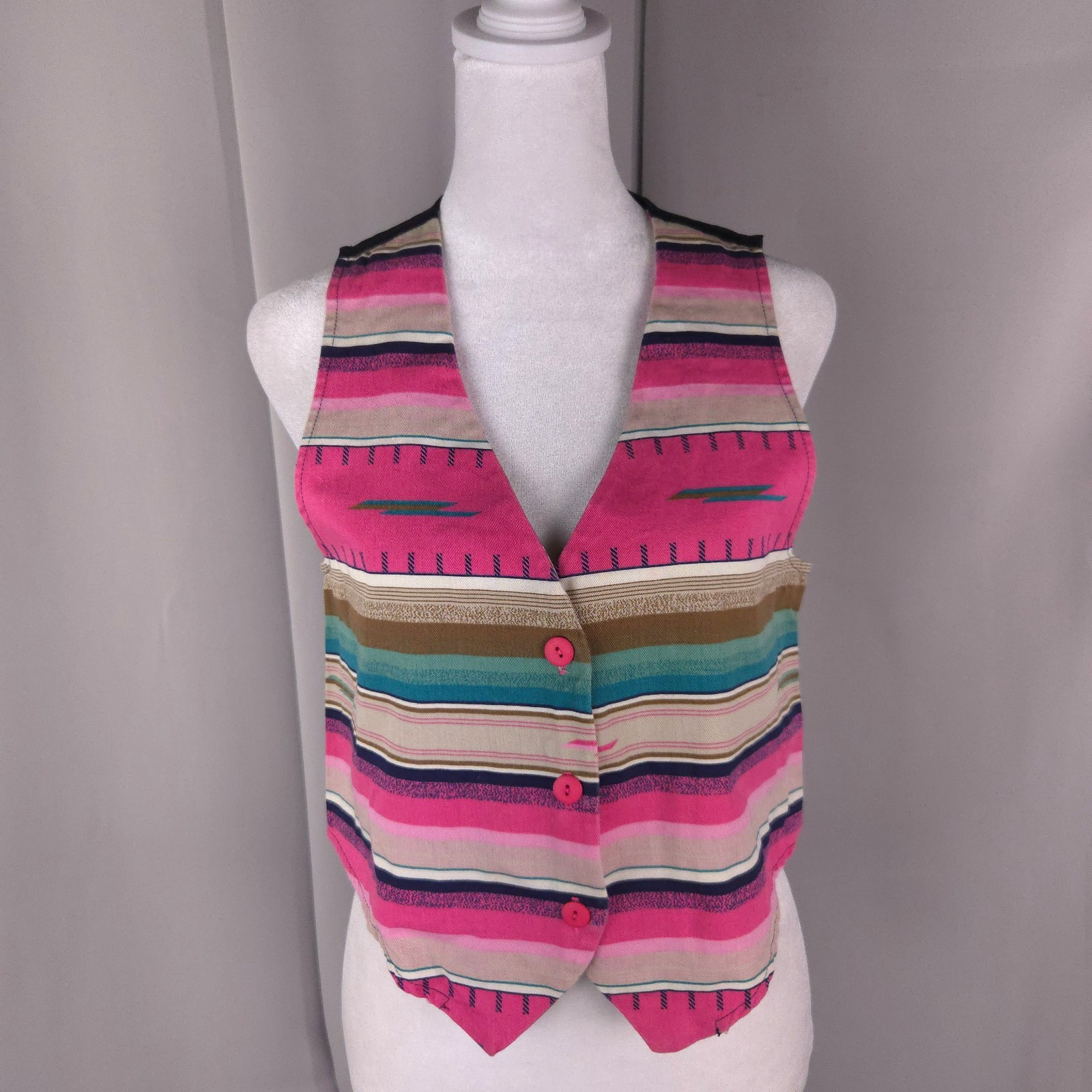Vintage Womens S M Pink Striped Denim Vest Waistcoat Western Rodeo Layering