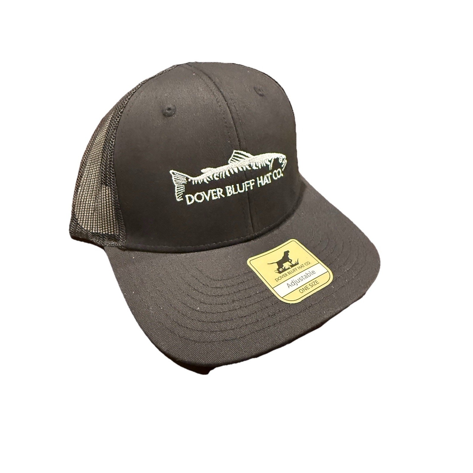 Dover Bluff Hat Co Fish Logo Trucker Hat Black Mesh Snapback Adjustable NWT