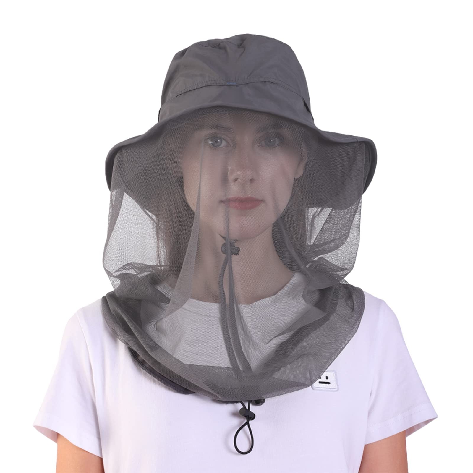 Mosquito Head Net Hat for Men Women Sun Hats Wide Brim Grey