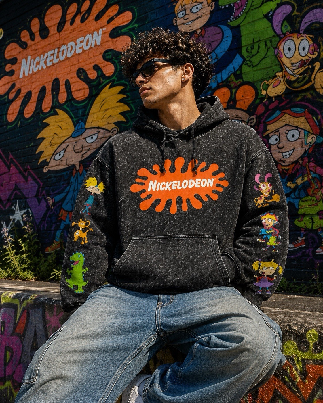 Nickelodeon Hoodie Mens M Black Acid Wash Rugrats Hey Arnold Ren Stimpy Pullover