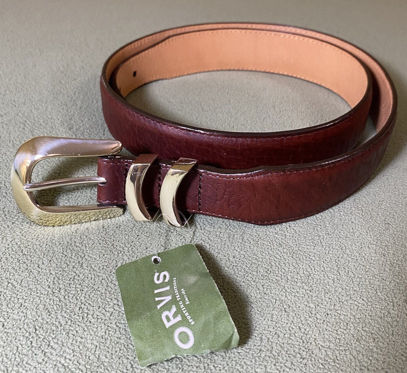 Orvis Mens Sz 40 Medium Brown American Bison Belt Tapered End Gold Buckle USA