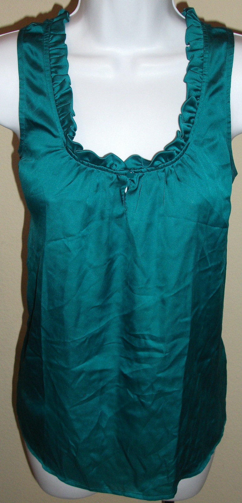 NWT genuine A.N.A green ocean drama sleeveless ruffle neckline blouse, size M