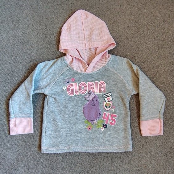 Y2K Madagascar Gloria Hippo Hoodie Toddler Girls 4T Waffle Hood Cuffs Gray Pink
