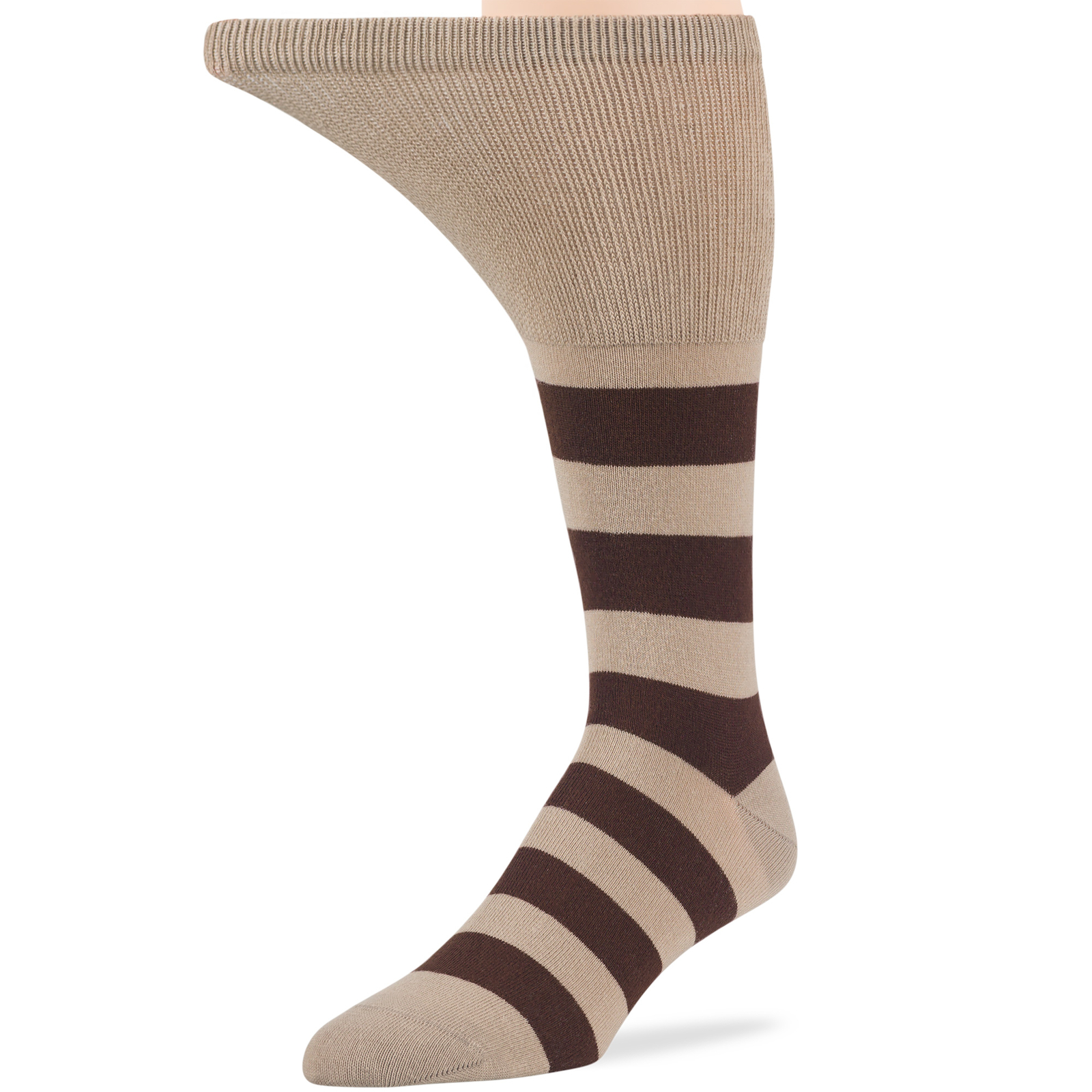 Men Diabetic Wide Cotton Mid-Calf Soft Socks 5 Pack-Large-Stripe Dot Brown Beige