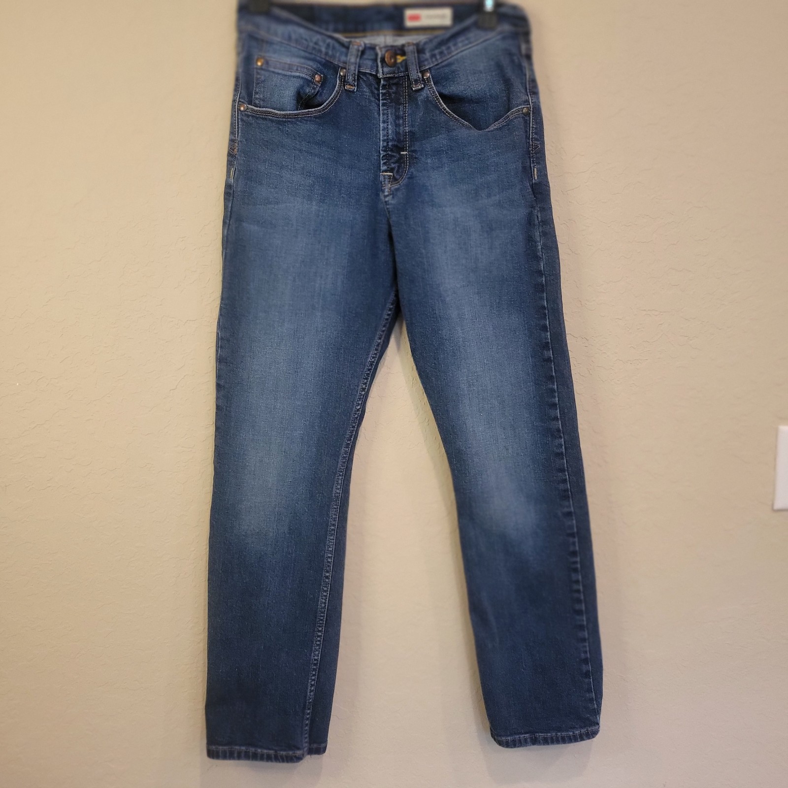 Wrangler Jeans Mens 29×30 Blue Denim Cotton Stretch Logo Slim Fit Straight Leg