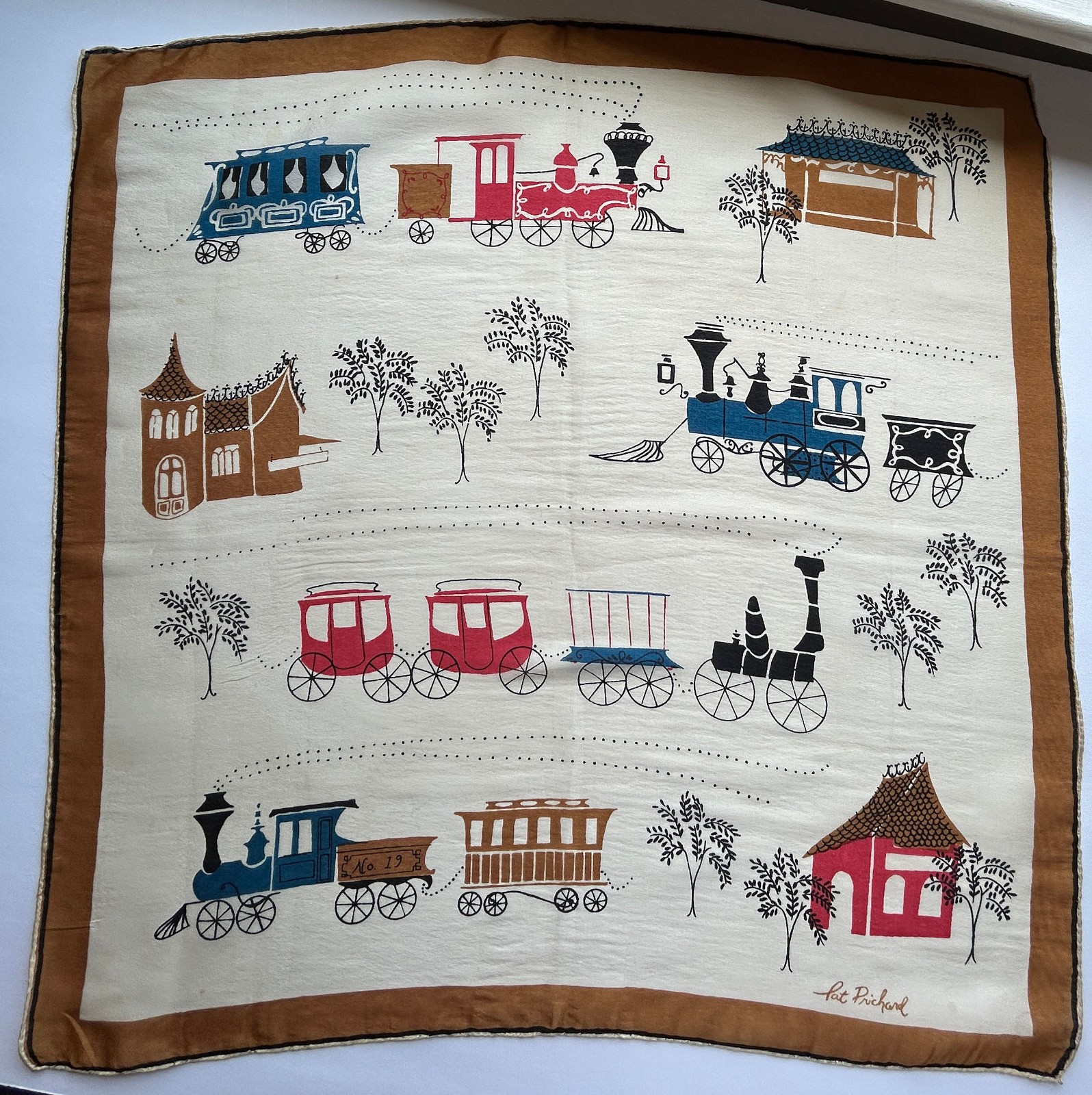 Pat Prichard Vintage Silk Square Scarf Trains & Carriages Motif CUTE MCM