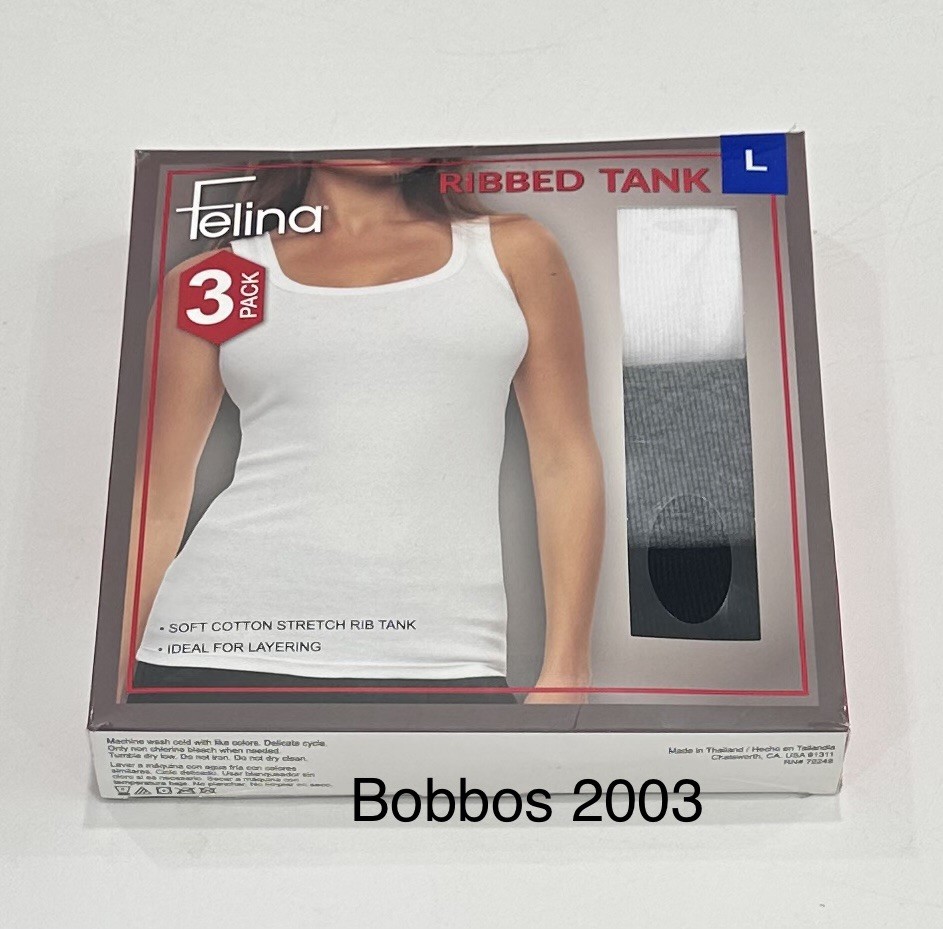 Felina Women’s 3-Pack Soft Cotton Stretch Ribbed Tank, Black/White/Gray, L