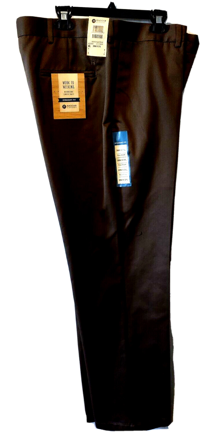 Haggar Mens Slacks Straight Fit Work to Weekend Pants Sz 38WX31L Plain Front New