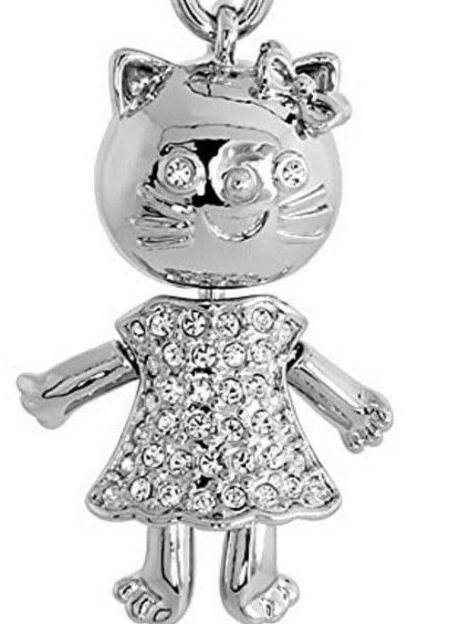 Jeweled Movable white Kitty Cat Key Chain Crystal Key Ring 3 3/4 inch long 33mm