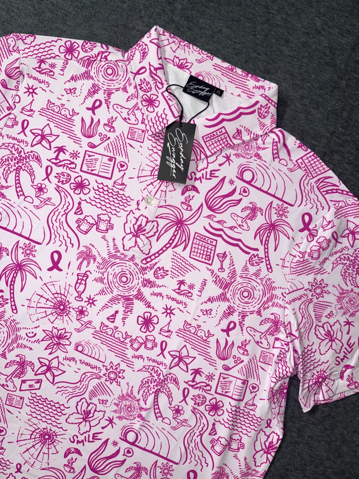 Sunday Swagger Mens Golf Polo Happy Thoughts Breast Cancer Awareness Pink