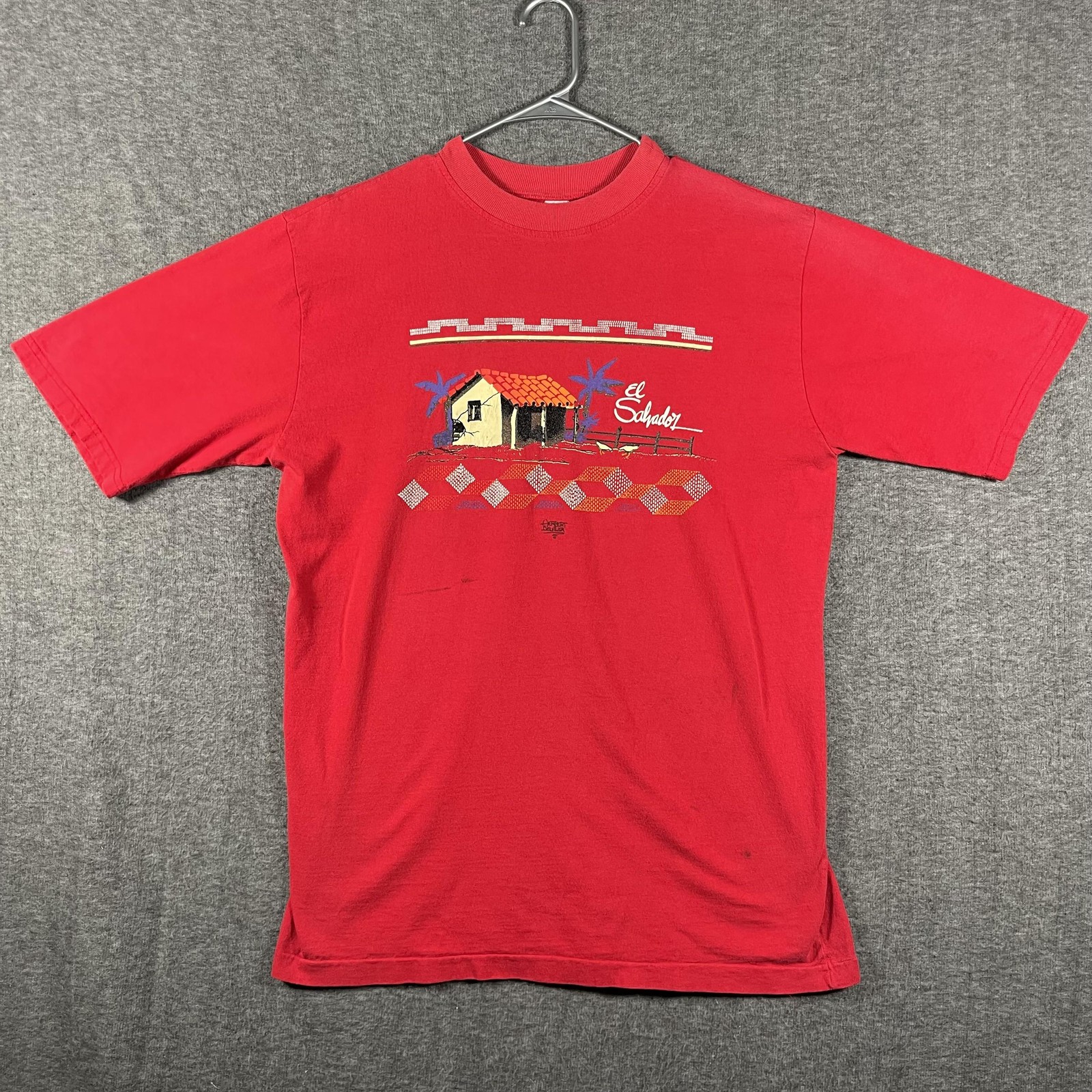 Vintage El Salvador Herbert Aguilar Graphic Shirt Mens Large Red Tourist Tee 80s