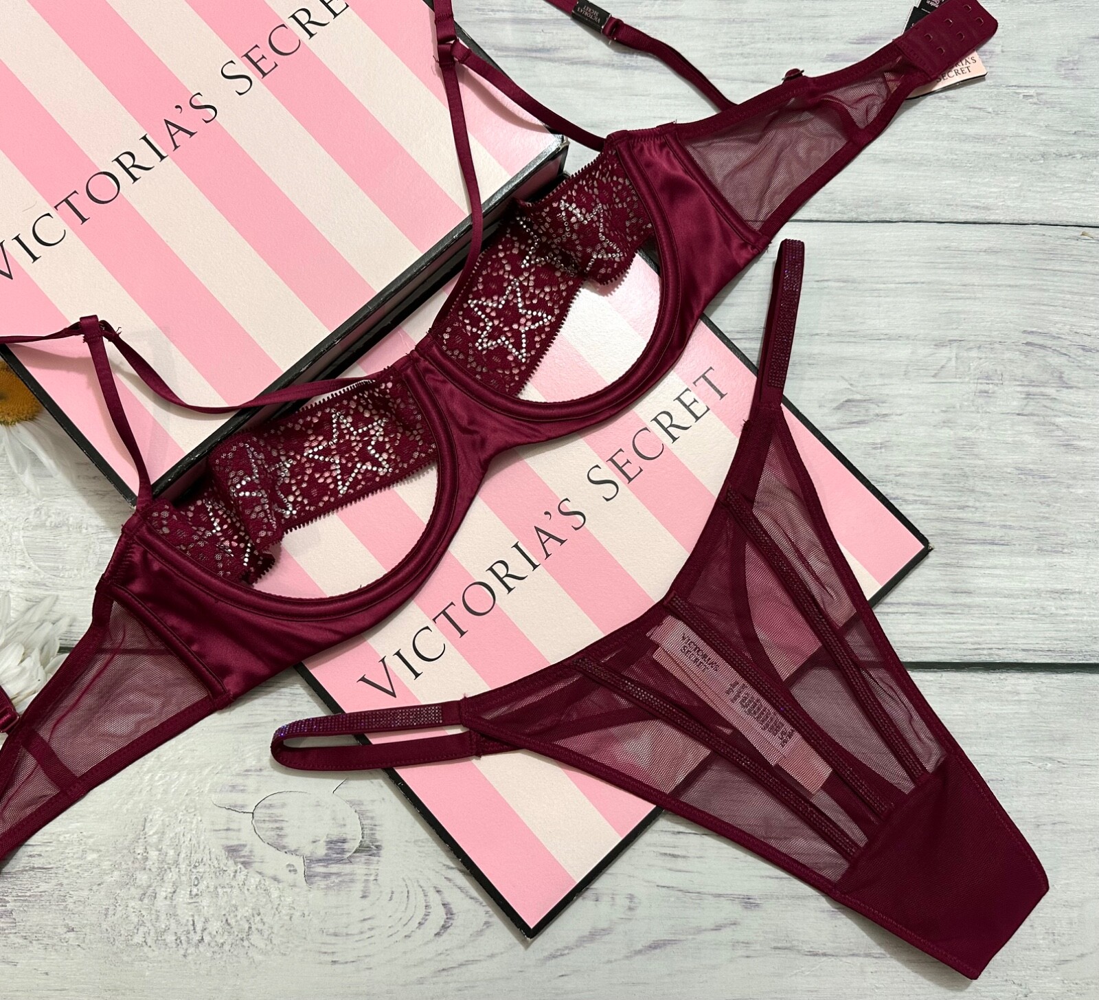 Victoria’s Secret Strappy Star Embellished Campari Cut-Out Balconet Bra Set