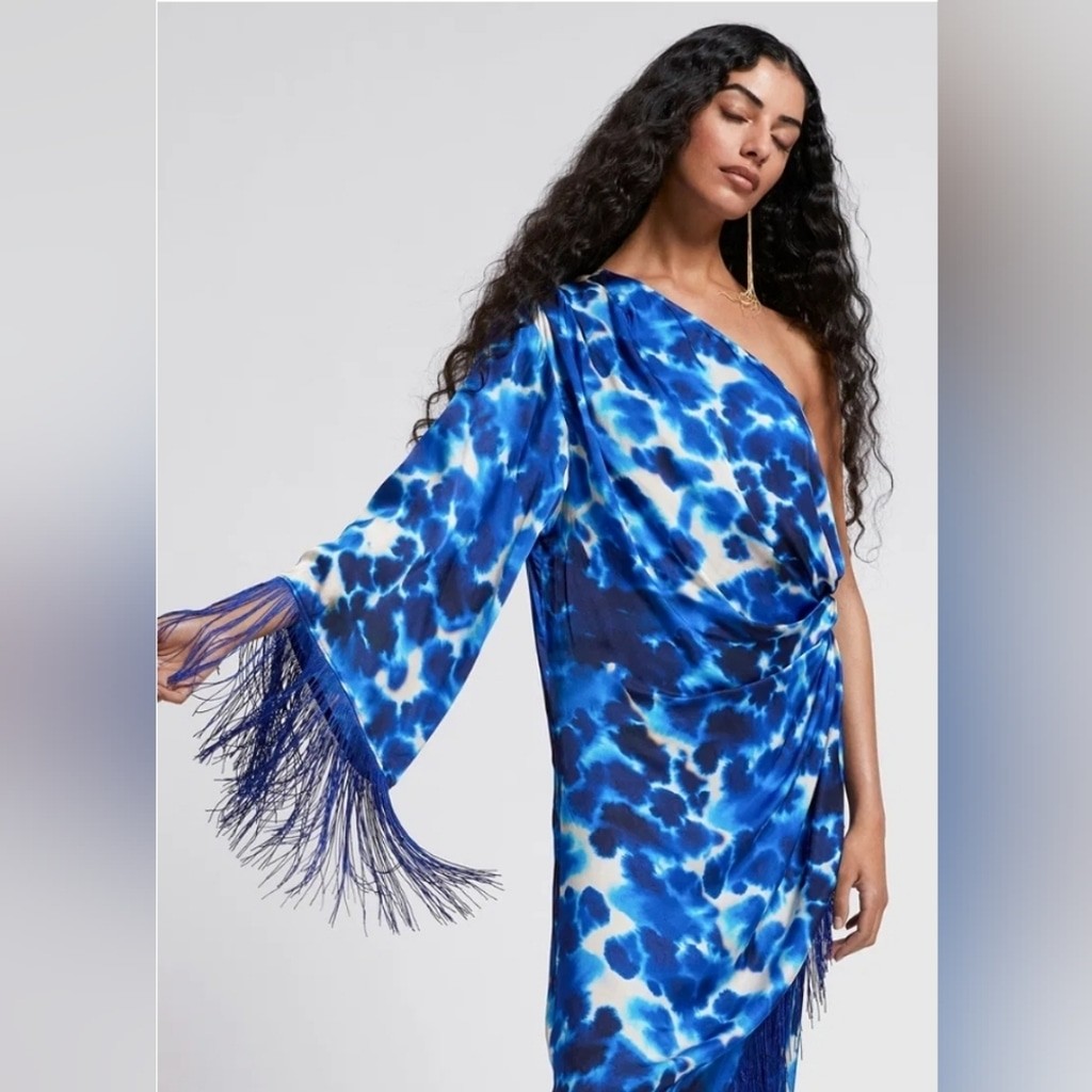 NWT & Other Stories Lilly One Shoulder Blue & White Fringed Midi Dress – Small