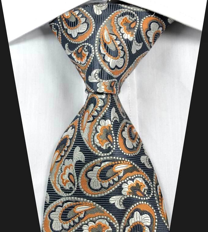 Classic New Paisley Gray Orange White Jacquard Woven Silk Men’s Tie Necktie