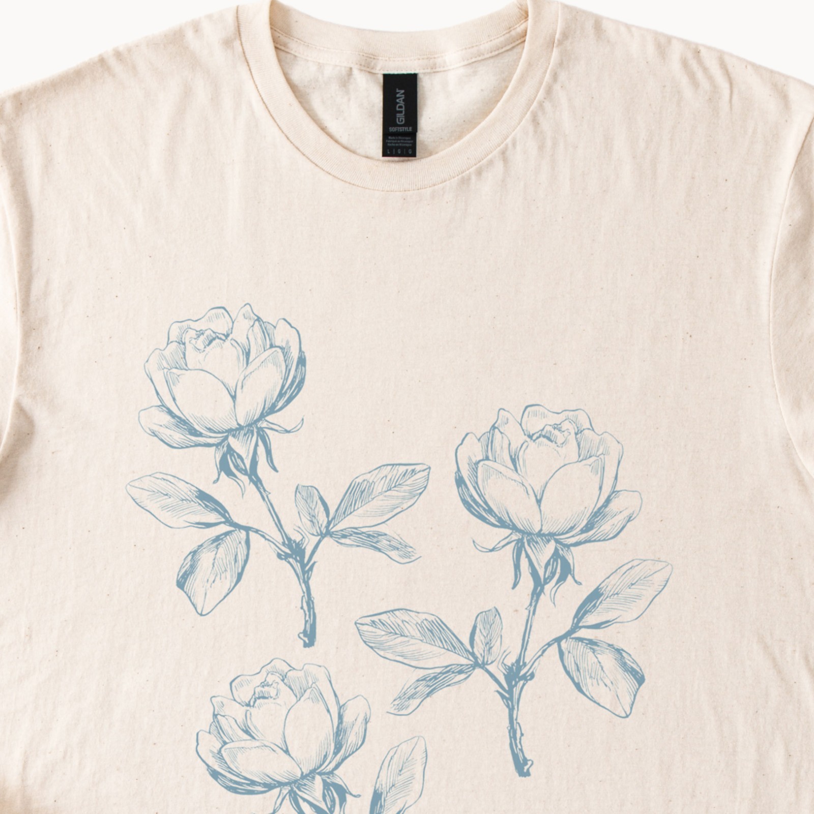 Rose Drawing TShirt Blue Floral Graphic Botanical Soft Cotton Shirt Flower Sketc