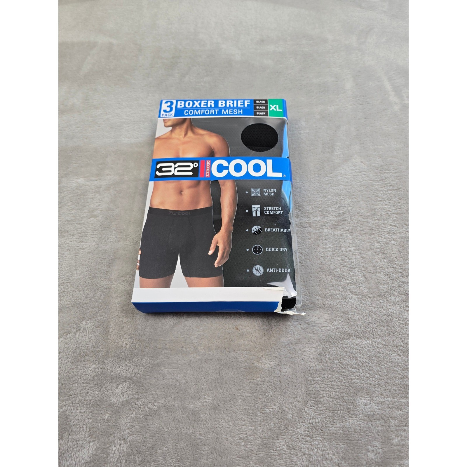 32 Degrees Boxer Brief Men XL Black 3 Pack Comfort Mesh Nylon Stretch Breathable
