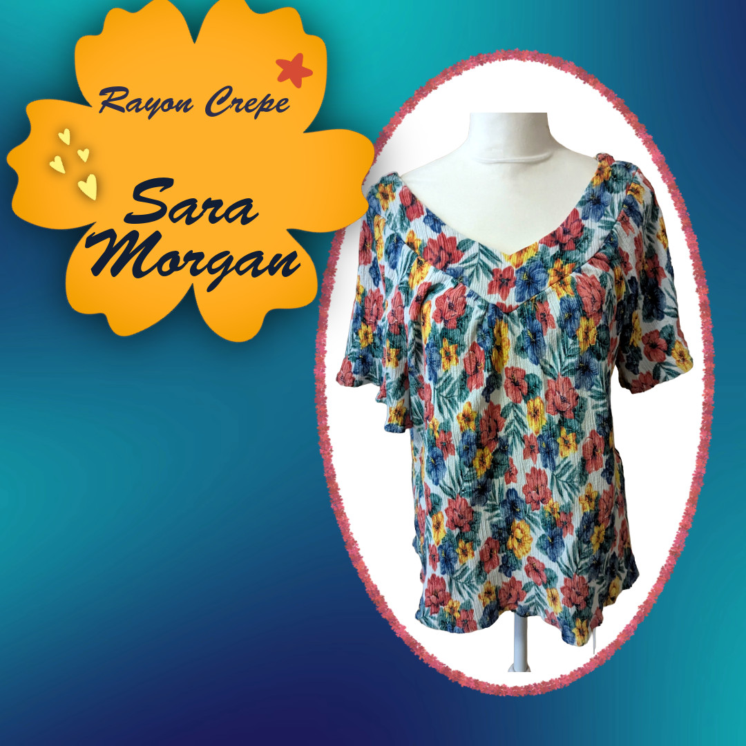 Sara Morgan size L rayon crepe boho flowered blouse, white/red/green/blue