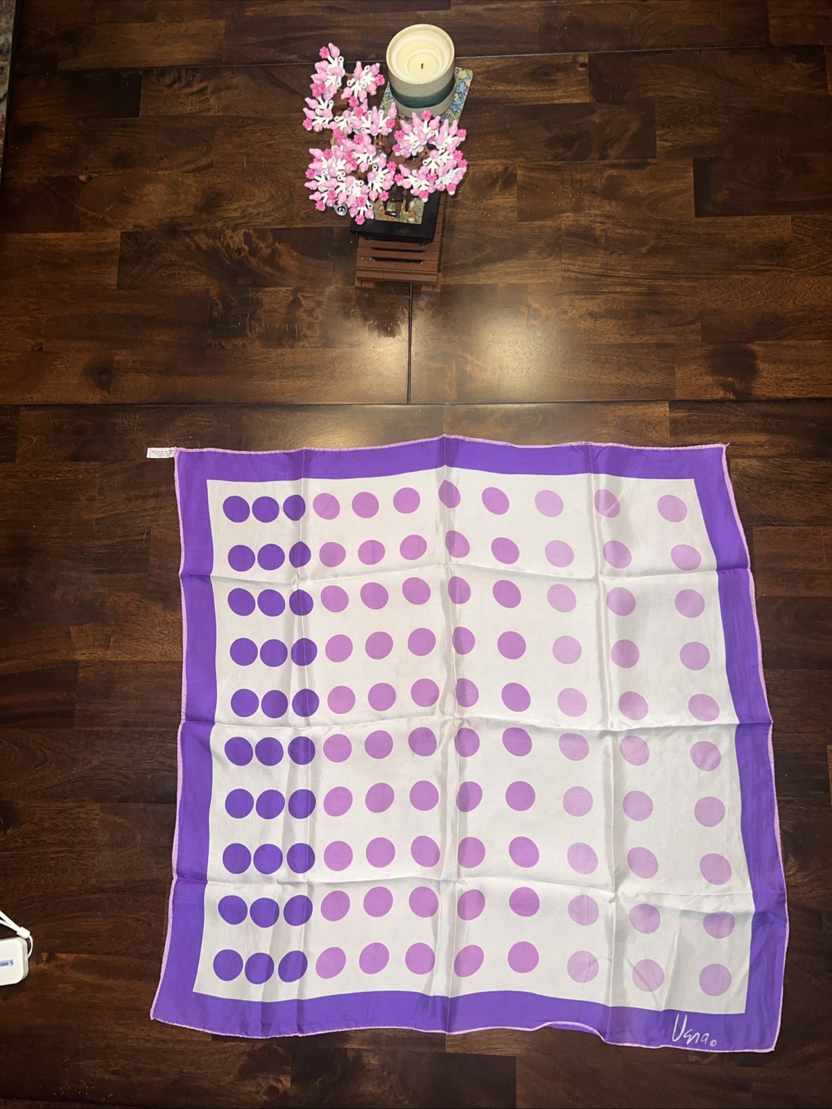 Vintage Vera Silk & Rayon Scarf – purple Dots – purple Border – 25×25”