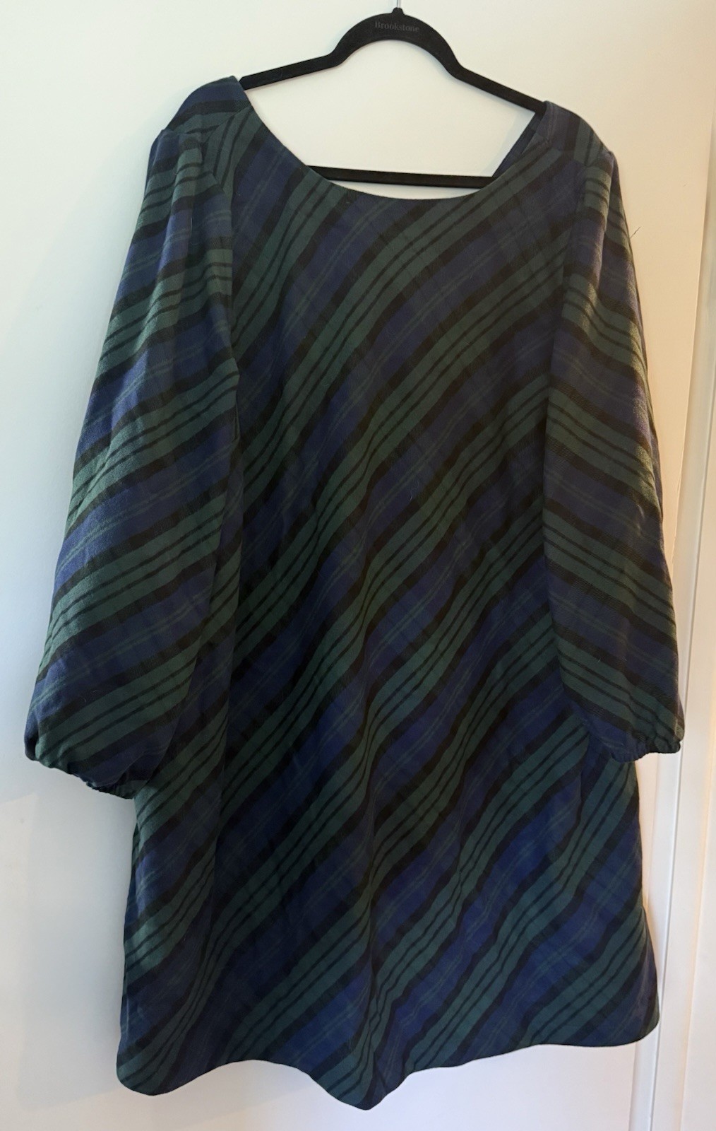 Land’s End Flannel Scoop Neck Long Sleeve Dress 3XL Blue Green Plaid Plus Size