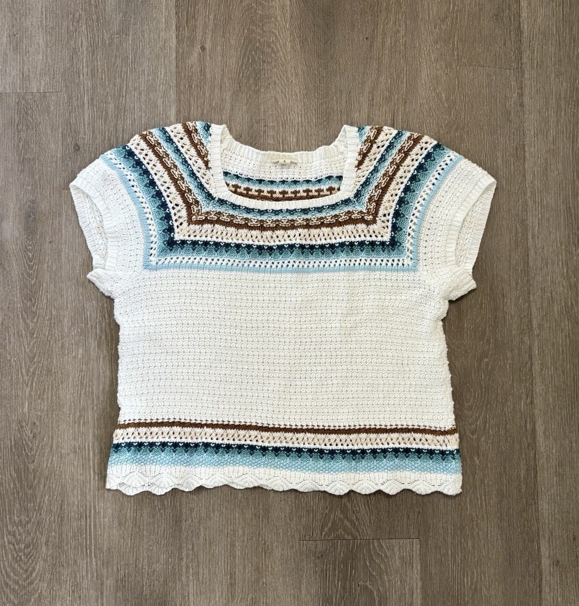 a.n.a White/Blue/Brown Striped Crochet Open-Knit Pullover Sweater Womens XL