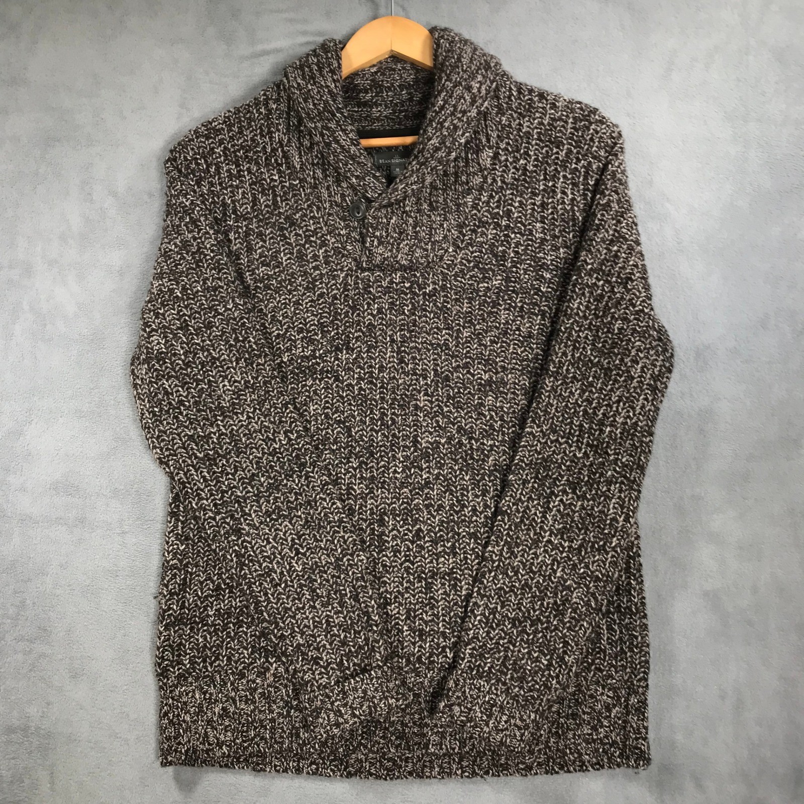 LL Bean Signature Shawl Collar Sweater Marled Brown LambsWool Mens M Fisherman