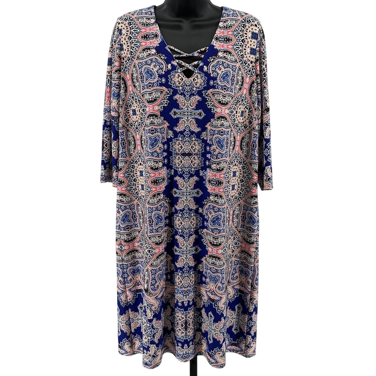 WISP Shift Dress Womens 12 Blue Tribal Print 3/4 Sleeves Lined Pullover Stretch