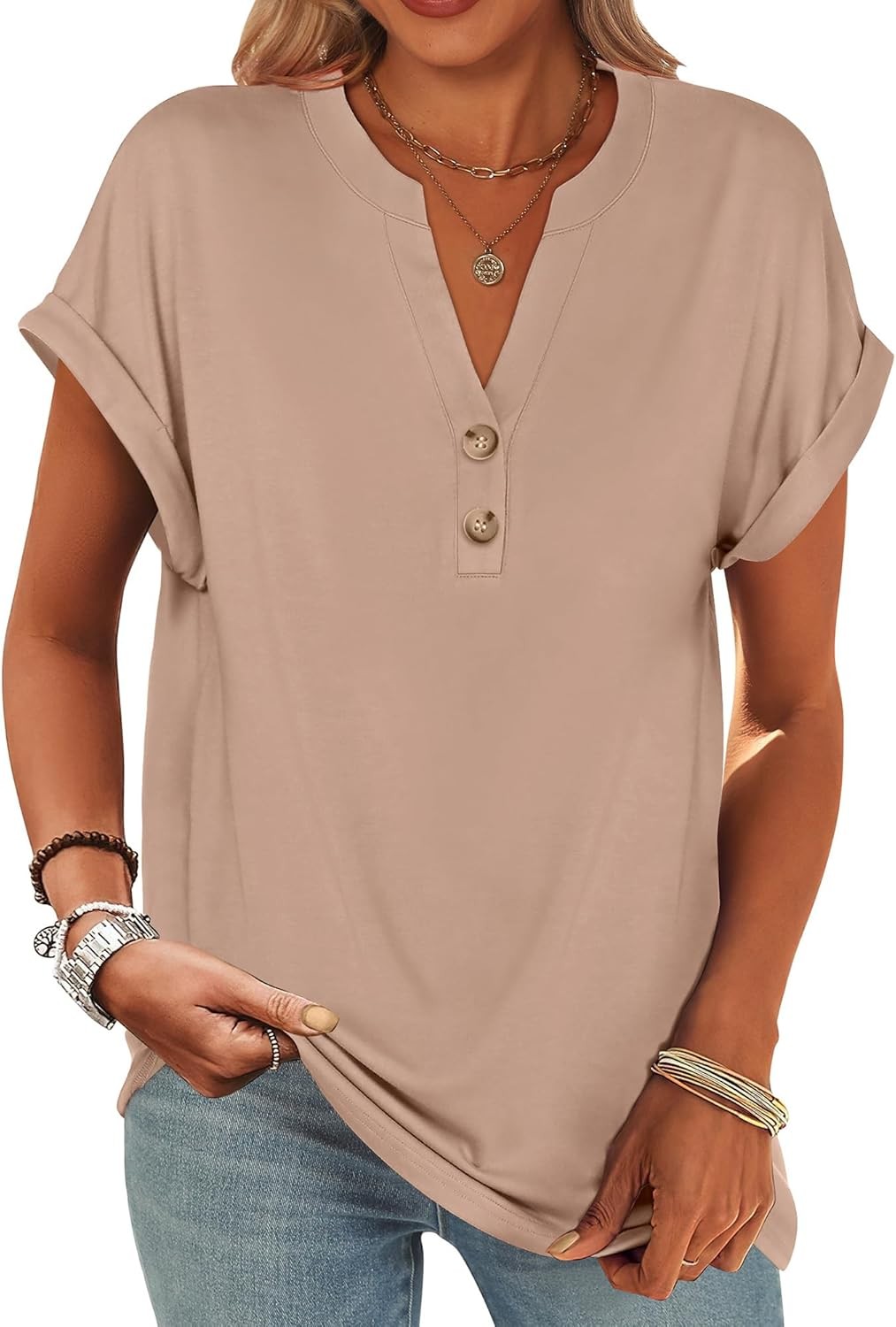 Womens Henley V Neck Short Sleeve Loose Fit Casual Summer Tunic Blouse Top